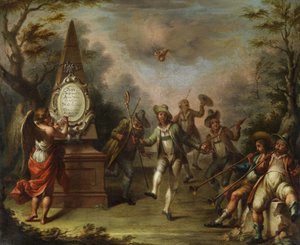 Rokokoscene som skildrer Thirsis i et grønt skjørt med en gjeters skurk, danser i en sirkel av flere svenner. av Unbekannt Unbekannt